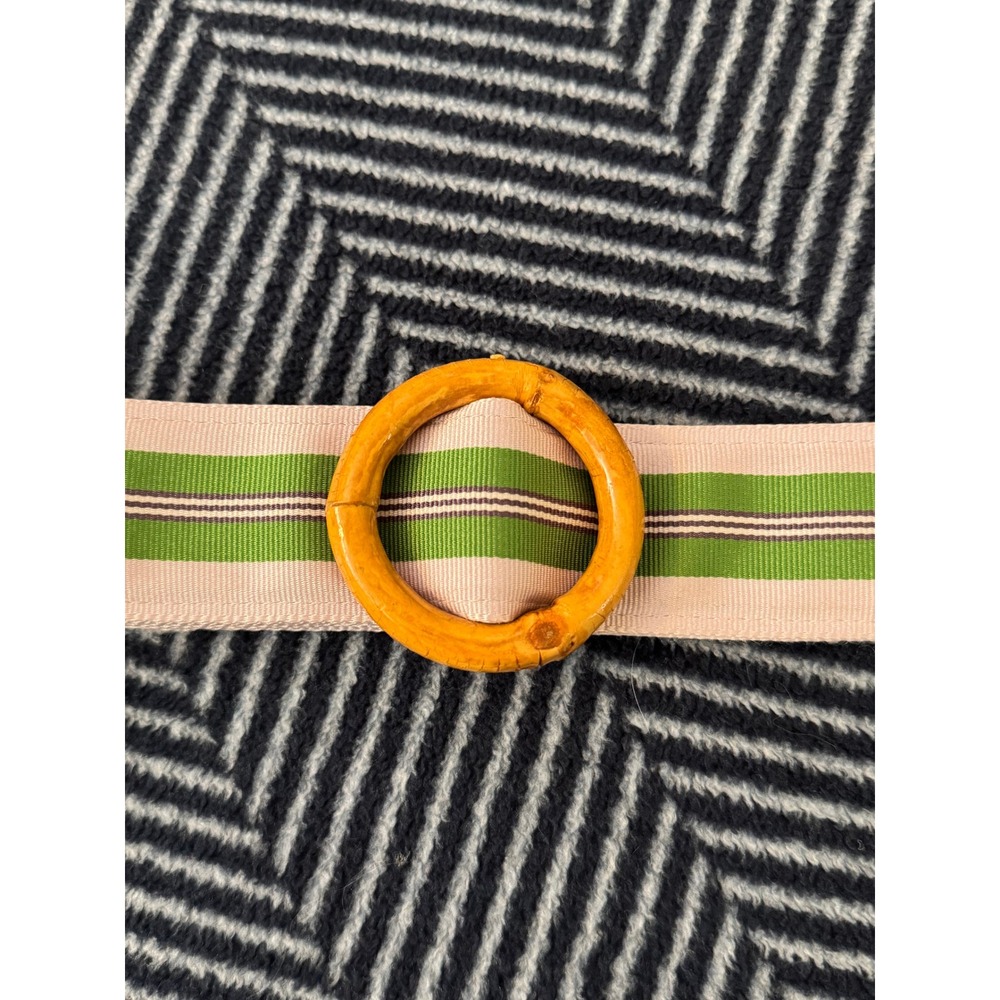 J.Crew Green Striped Grosgrain Ribbon Belt Bamboo O-Ring Buckle S/M RN77388